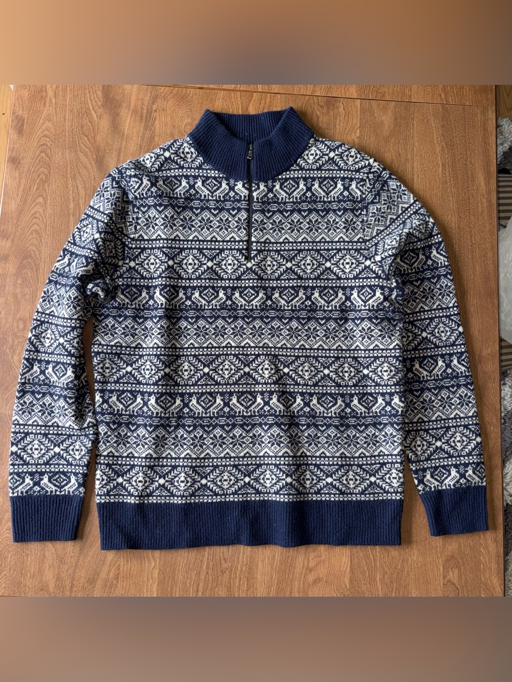 J. Crew Navy and White Lambs Wool quarter zip